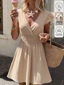 Flora Isola Flora Isola Women's Casual Solid Color Comfortable Ruffle Trim Umbrella Hem Dress Bohemian Vacation Style Skirt - Apricot - View 3