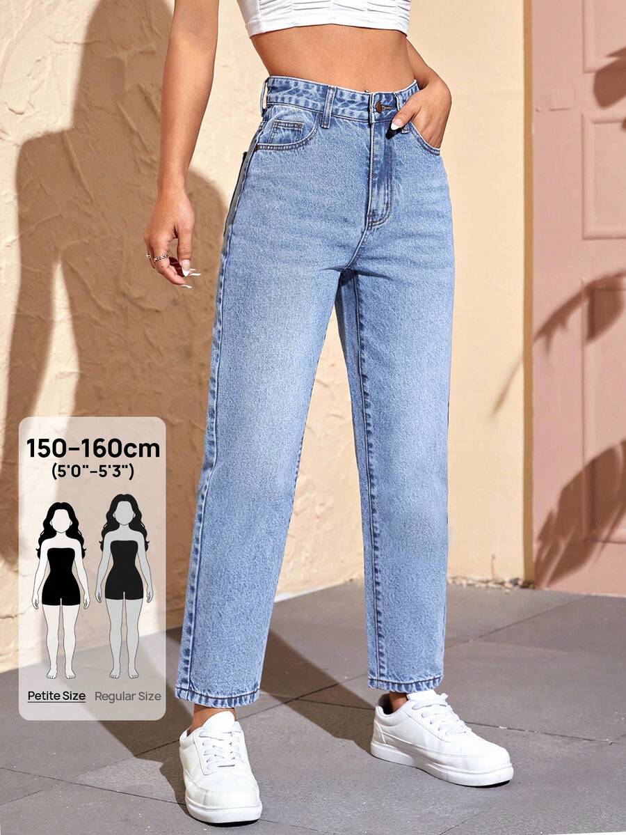 SHEIN PETITE 女款高腰口袋直筒寬鬆休閒百搭牛仔褲，適合嬌小女性 - 藍色 - 查看 1