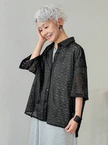 FRIFUL Women's Solid Color Lace Drop Shoulder Loose Shirt Sheer - Black - View 8