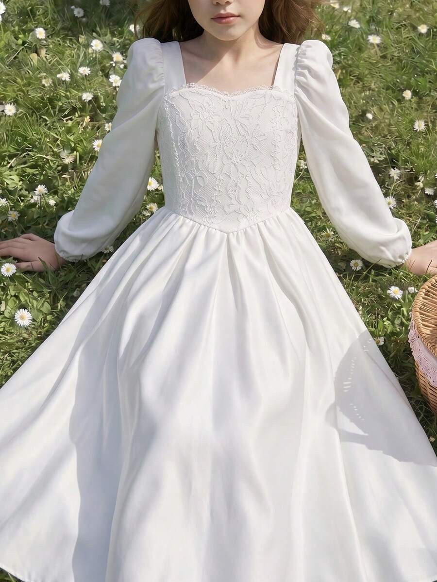 White Lace Trim Square Neck A-Line Skirt, Waist-Cinching Short Style, Bridesmaid / Light Wedding / Casual Date - White - View 1