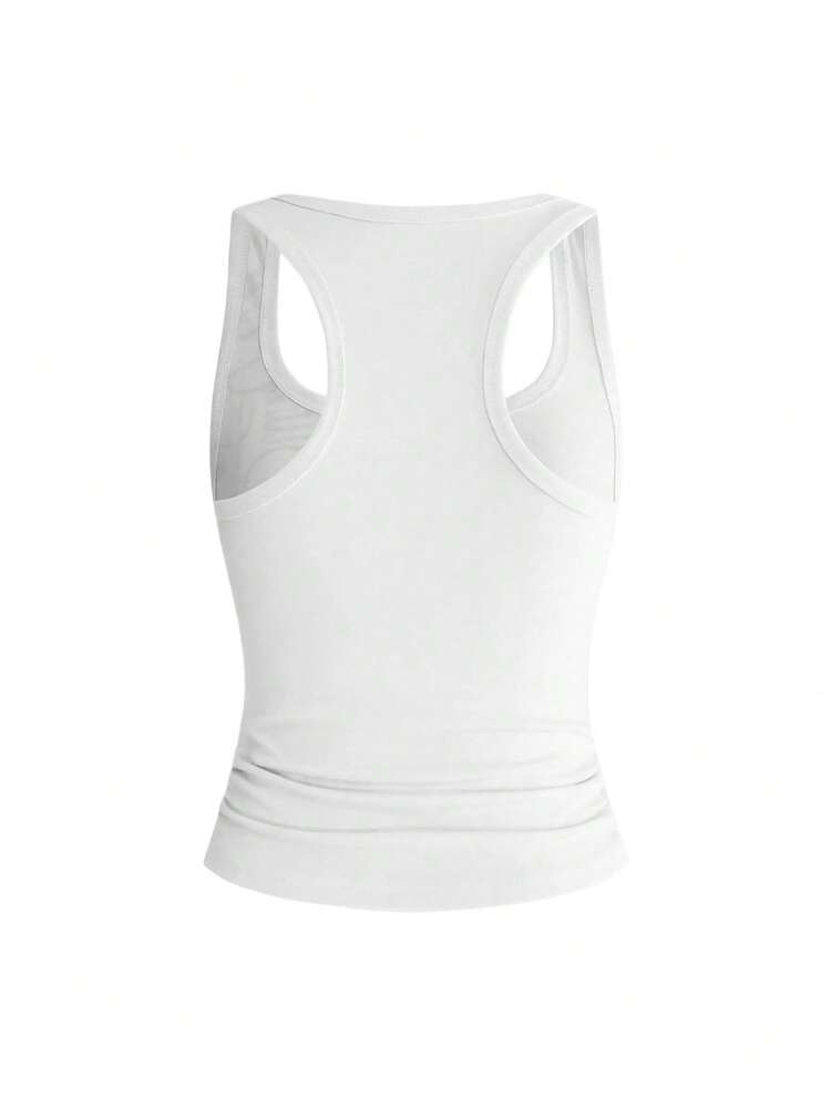 ROMWE Grunge Punk Conjunto de 2 piezas para festival de música: top de tirantes ajustado con cruz punk y eslogan & mini shorts de cintura ultra baja - Blanco - Añade 7