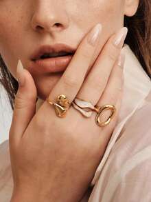 Vandermere 3pcs/Set Fashionable Stainless Steel Smooth Teardrop Hollow Ring, Suitable For Daily Wear For Women - Gold - View 4