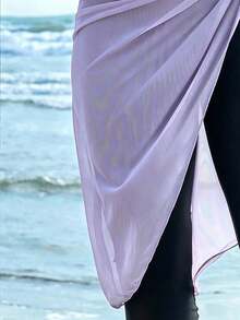 SHEIN Swim 女款拉鍊半開襟長袖上衣搭配修身長褲與綁帶迷你裙泳裝套裝 - 紫色 - 查看 4