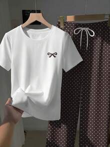 SHEIN 女童簡約休閒輕奢印花套裝，兩件式圓點寬腿褲，適合日常出遊 - 棕色 - 查看 3