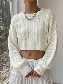 DAZY Women's Casual Versatile Solid Color Cropped Sweater - White - View 3