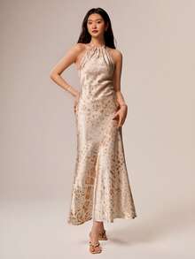 Willow Rêve Women's Animal Print Satin Halter Neck Dress, Wedding Boho Romantic Style, Summer Elegant Long Dresses For Party Night Tie Dyed - Multicolor - View 3