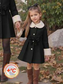 SHEIN Emery Rose Kids 女童秋冬百搭時尚羊毛拼接毛絨領中長版繫帶大衣，保暖內裡羊毛外套，秋冬外套 - 黑色 - 查看 1