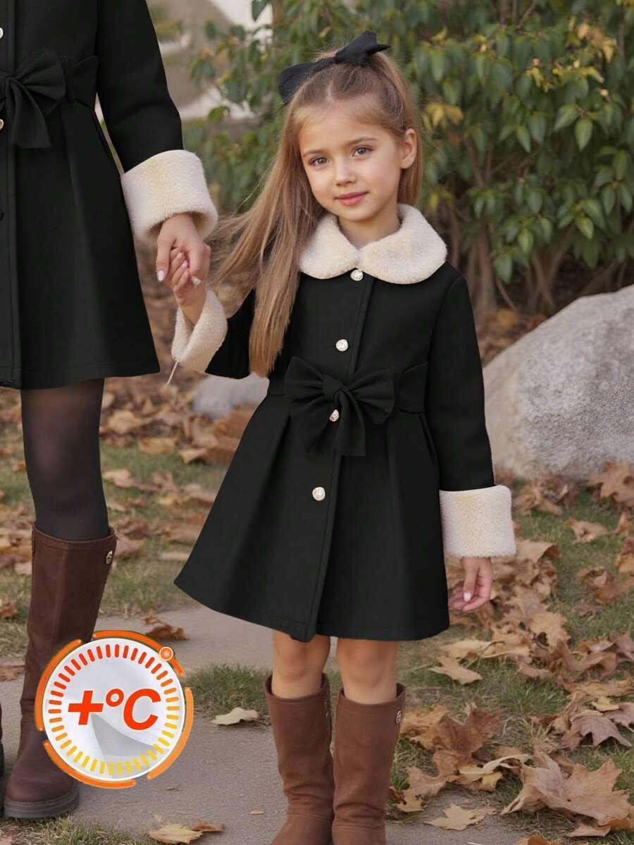 SHEIN Emery Rose Kids 女童秋冬百搭時尚羊毛拼接毛絨領中長版繫帶大衣,保暖內裡羊毛外套,秋冬外套 - 黑色 - 查看 1