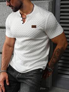 EGENSIO 男士針織提花純色紋理亨利領T恤 - 白色 - 查看 5