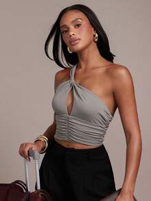 Hauture Women's Sexy Elegant One Shoulder Ruched Cut Out Cropped Sleeveless Top, Perfect For Summer Vacation, Traveling, Daily Casual Wear, Gray - Grey - View 3