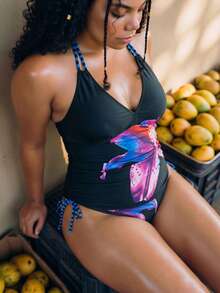 Swim Vcay Plus Size Women's Floral Print Halter Tankini Set - Multicolor - View 4