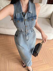 DAZY Autumn Winter Summer Sleeveless Collared Waist-Cinching Elegant Women's Denim Dress - Blue - View 3