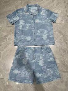 DAZY Men's Plus Size Short Sleeve Single-Breasted Shirt And Shorts Casual Denim Set Summer - Blue - View 7