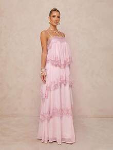 Lumalex Spring/Summer New Chiffon Ruched Contrast Lace Adjustable Strap Backless Dress - Baby Pink - View 8