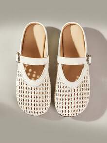 Solecia Zapatillas tipo mule de verano, transpirables, de tejido calado, punta redonda, suela plana, estilo retro casual, para ir al trabajo, compras y uso diario - Beis - Ver 1