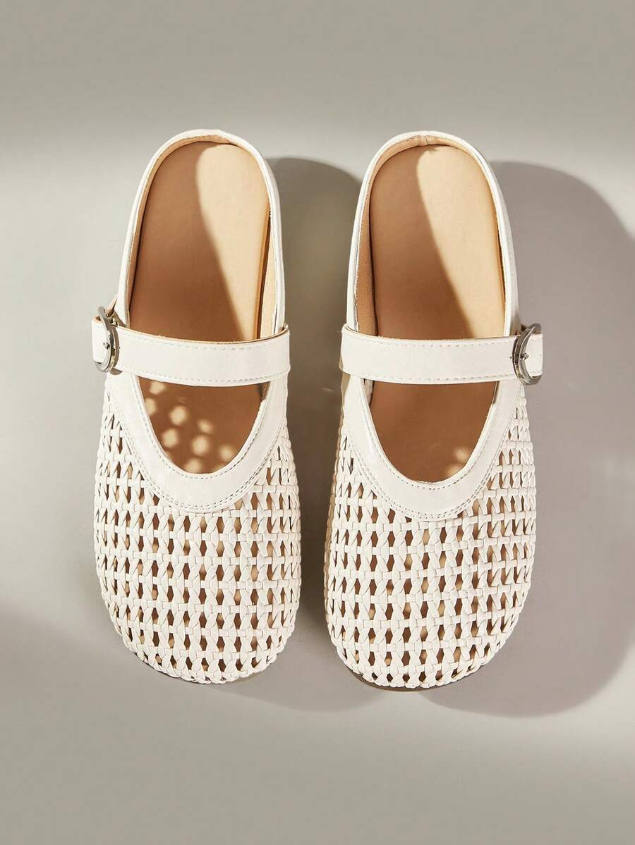 Solecia Zapatillas tipo mule de verano, transpirables, de tejido calado, punta redonda, suela plana, estilo retro casual, para ir al trabajo, compras y uso diario - Beis - Ver 1
