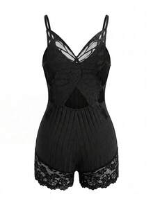 SHEIN 性感蝴蝶结蕾丝拼接女式连体睡衣 - 黑色 - 查看 1
