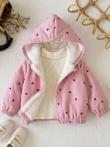 SHEIN 女嬰秋冬可愛粉色愛心圖案燈芯絨連帽保暖內裡外套 - 淺粉色 - 查看 4