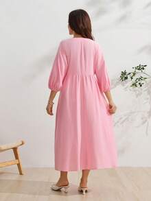 SHEIN 孕婦粉色長洋裝，100%純棉，寬鬆舒適居家服 - 粉色 - 查看 2