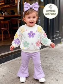 SHEIN Sparklyn 1 Random Pc Baby Girl Floral Print Long Sleeve Sweatshirt And Flared Pants Set - Multicolor - View 4