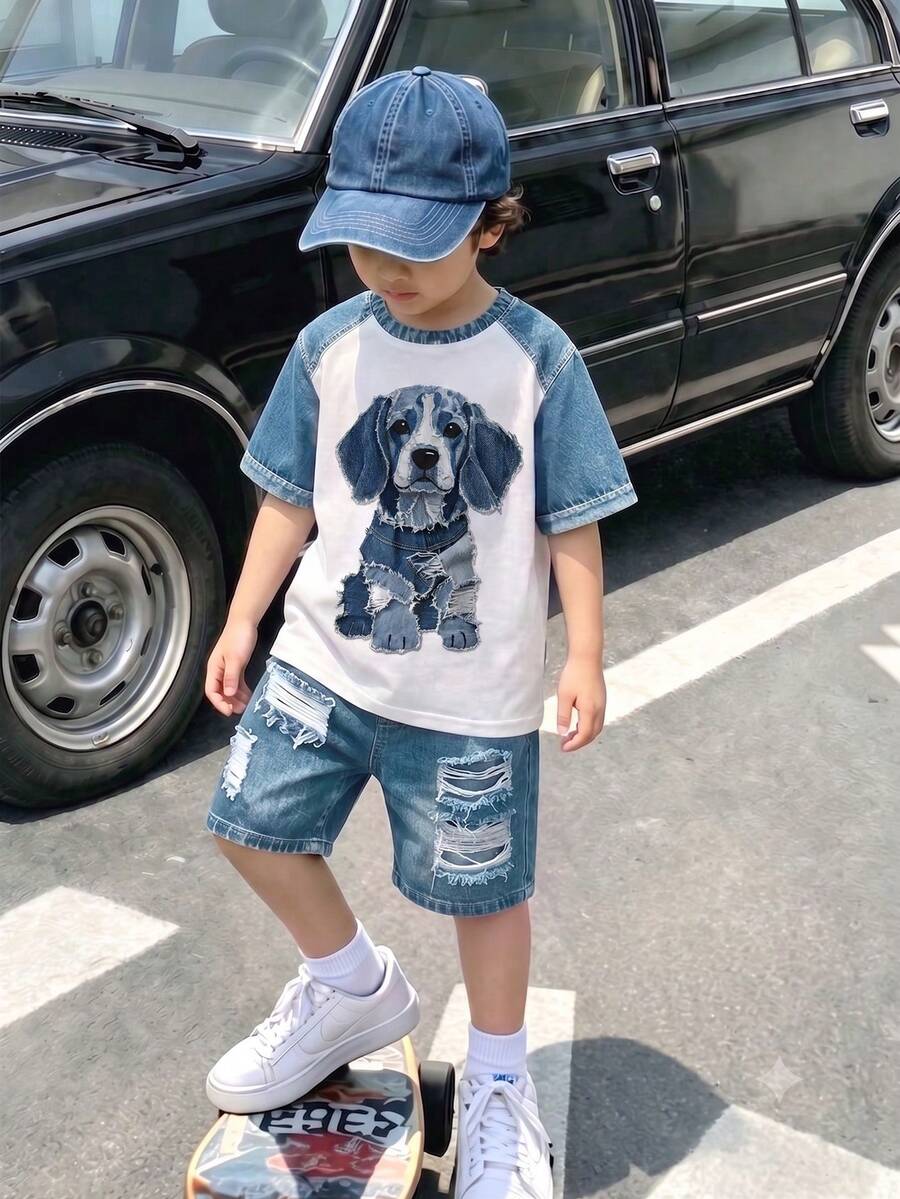 1套男童時尚可愛小狗印花休閒圓領短袖T恤與短褲，簡約百搭，適合日常穿著，時尚帥氣休閒風 - 彩色 - 查看 1