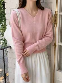 DAZY Women's Solid Color Fitted Short Long Sleeve V-Neck Casual Vacation Spring/Autumn Pullover Knit Sweater - Pink - View 8