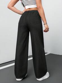 SHEIN 青少年女孩休閒百搭日常穿著牛仔褲，附口袋與鈕扣 - 黑色 - 查看 2