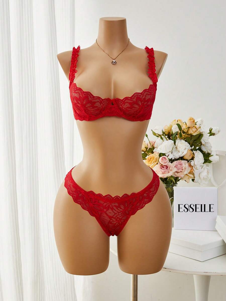 Esselle 2件套女士性感蕾丝钢圈文胸套装 - 紅色 - 查看 1