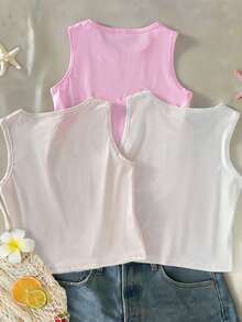 3pcs/Set Young Girl' Fashion Hibiscus & Shell Print Camisole,Halter Top,Beachweekend,Get Nautical,Island Style, - Multicolor - View 2
