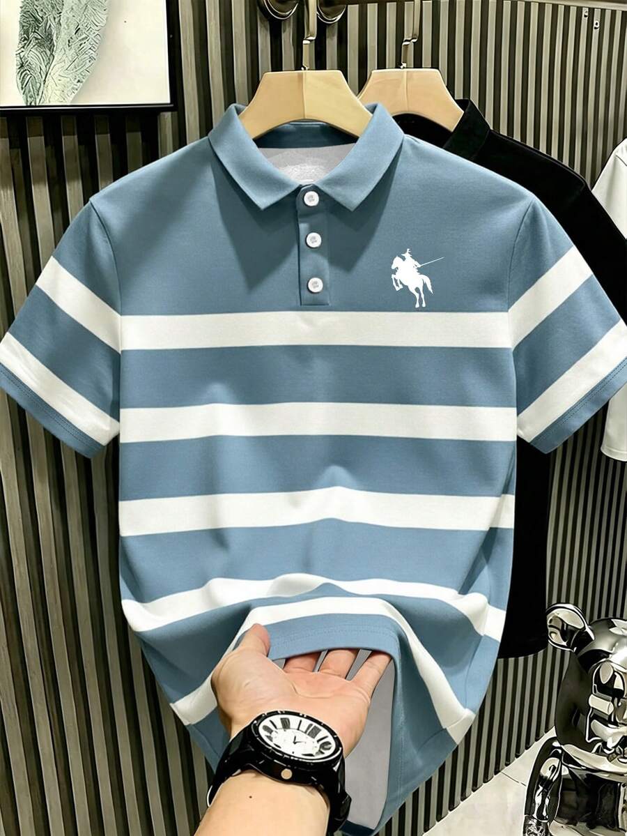 Manfinity Hypemode Men's Mature Style Striped Polo Shirt With Small Horse Logo, Unisex Short Sleeve, Summer Business Casual - Multicolor - View 1
