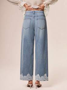 Willow Rêve Women's Casual Versatile Everyday Travel Jeans With Pocket And Lace Patchwork - Baby Blue - View 4