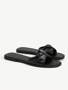CUCCOO CHICEST Square Toe Kinked Slippers Women's Summer Wear Black Flat Bottom Drag Soft Leather Slouchy Beach Shoes - Black - View 2