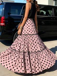 Breezaya French Vintage Pink & Black Polka Dot Layered Full Skirt, 3-Layer Large Panel Patchwork Design With Black Ruffle Trim And Pleated Edging On Each Layer, Voluminous Umbrella-Shaped Hemline For Dramatic Visual Effect, Plus Size Skirt - Pink - View 2