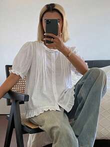 DAZY 女款純色寬鬆短袖圓領百褶休閒度假夏季襯衫上衣，適合學校穿著 - 白色 - 查看 4