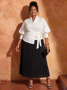 Veslaya Plus Size Women Solid Color Shawl Collar Side Tie Waist Jacket And Pleated Skirt Elegant Suit Set - Black and White - View 6