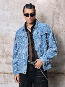 Skyrend Manfinity Streetrush 男式磨边单排扣休闲牛仔宽松夹克，夏季外出派对舞会街头，Emo 风格，适合秋季 - 淺色水洗藍 - 查看 5