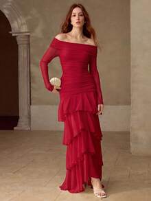 MOTF PREMIUM WOMEN'S RUCHED TEXTURE RUFFLE HEM OFF SHOULDER LONG DRESS, AUTUMN/WINTER - Red - View 4