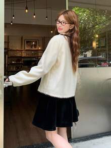 DAZY Women's Autumn/Winter Colorblock Trim Overcoat School - Apricot - View 2