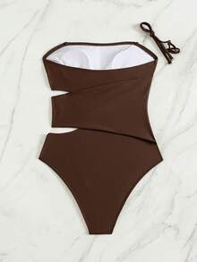 Swim Chiccia 女款純色細肩帶鏤空腰側巧克力棕色環飾連身泳衣，海灘派對夏季性感款 - 咖啡棕 - 查看 2