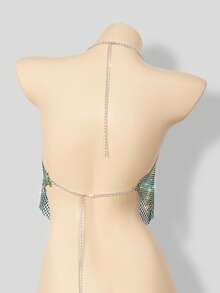 VaVaBold Top de tirantes con superposición de malla de red y tachuelas de strass para ropa de fiesta de vacaciones - Verde Oscuro - Ver 2