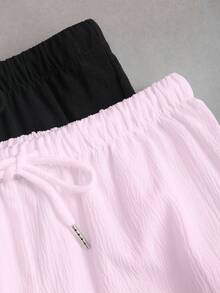 SHEIN PETITE 女款黑白配色純色直筒長褲 2件套 - 粉色 - 查看 4