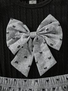 SHEIN Elladie kids 女童可愛休閒短版荷葉袖羅紋上衣搭配時尚刺繡布料裙，舒適甜美 - 彩色 - 查看 3