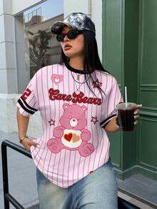 SHEIN X Care Bears 大尺碼女款圓領條紋字母卡通印花休閒日常夏季T恤 - 白色 - 查看 1