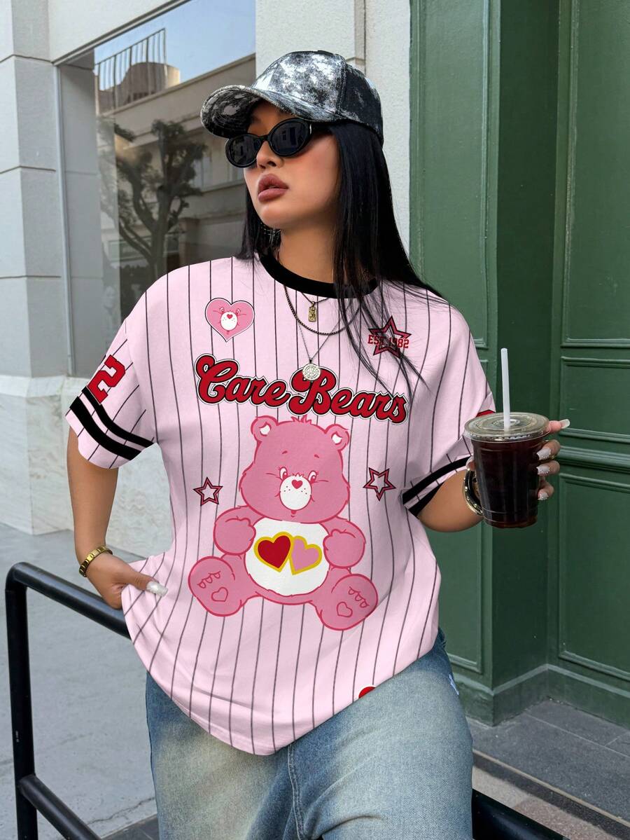 SHEIN X Care Bears 大尺碼女款圓領條紋字母卡通印花休閒日常夏季T恤 - 白色 - 查看 1