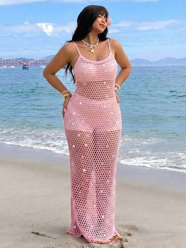 GalTyme Đầm dệt kim dây mảnh đính sequin cắt rỗng phong cách thường ngày đi du lịch cho nữ size lớn