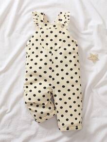 SHEIN Vintaside Kids 1件女嬰復古奶油白配黑色波點牛仔休閒可愛吊帶褲，荷葉邊肩帶，大口袋，寬鬆大腿褲管，適合外出、派對、返校 - 黑與白 - 查看 9