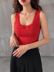 DAZY 橘色休閒對比蕾絲蝴蝶結無袖上衣女款，夏季Y2K校園風 - 紅色 - 查看 12