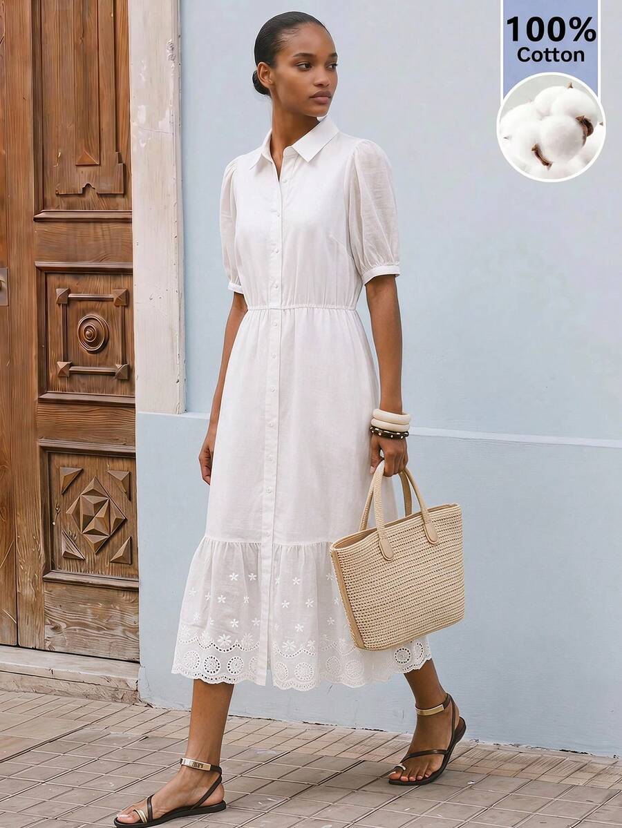 Maija Women's Solid Color Pleated Collar Casual French Elegant Tropical Midi Shirt Dress Vacation White Summer Brunch Picnic - White - View 1