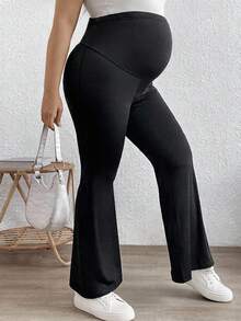 Plussiva 孕妇休闲可调节腰部纯色喇叭裤 - 黑色 - 查看 4