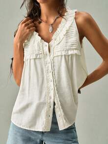 SoleilVie Sleeveless Casual Shirt Vest, V-Neck, Front Pleats And Buttons - Apricot - View 3